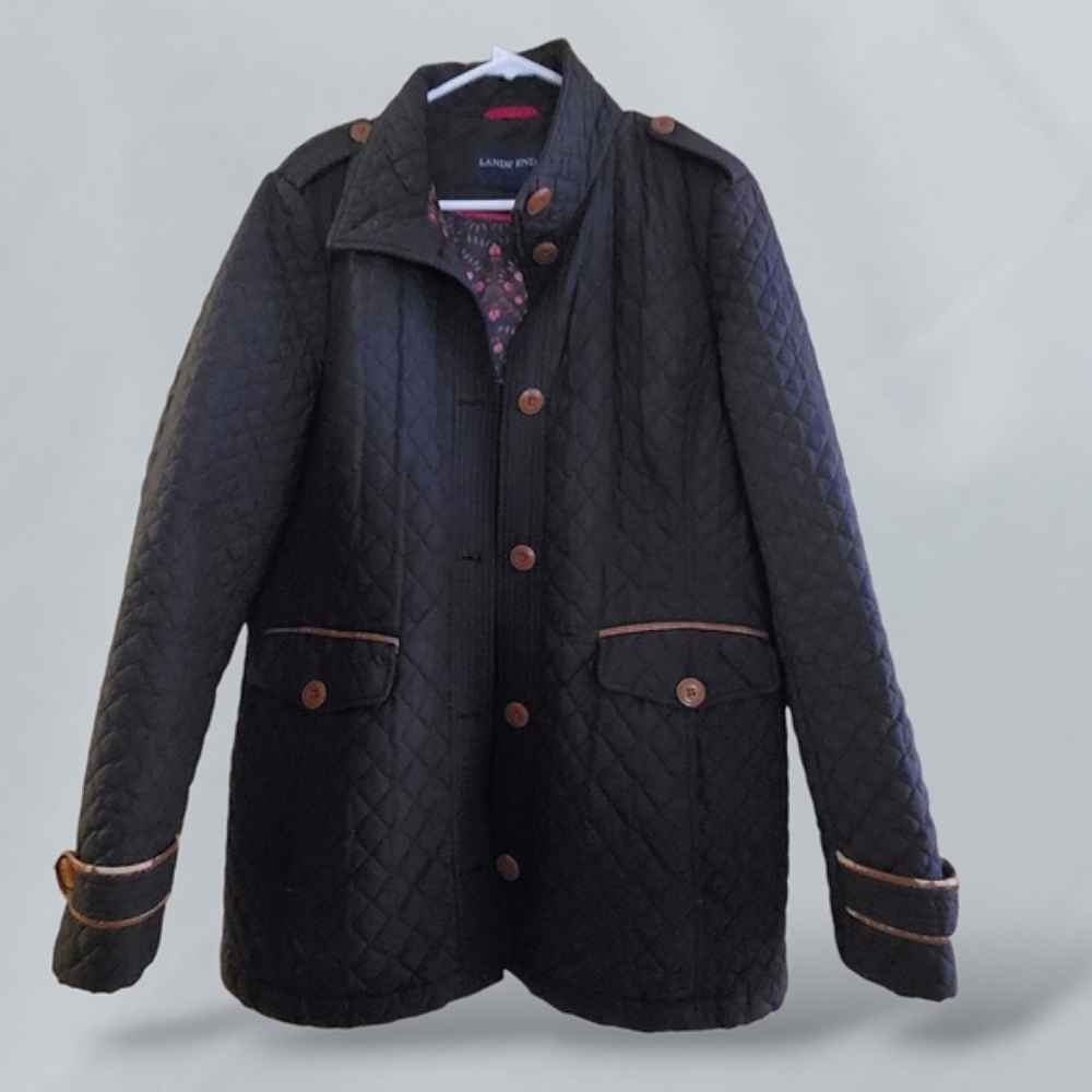 Lands End Black Quilted Jacket Floral Interior Primaloft Lightweight Sz Large - Picture 2 of 15